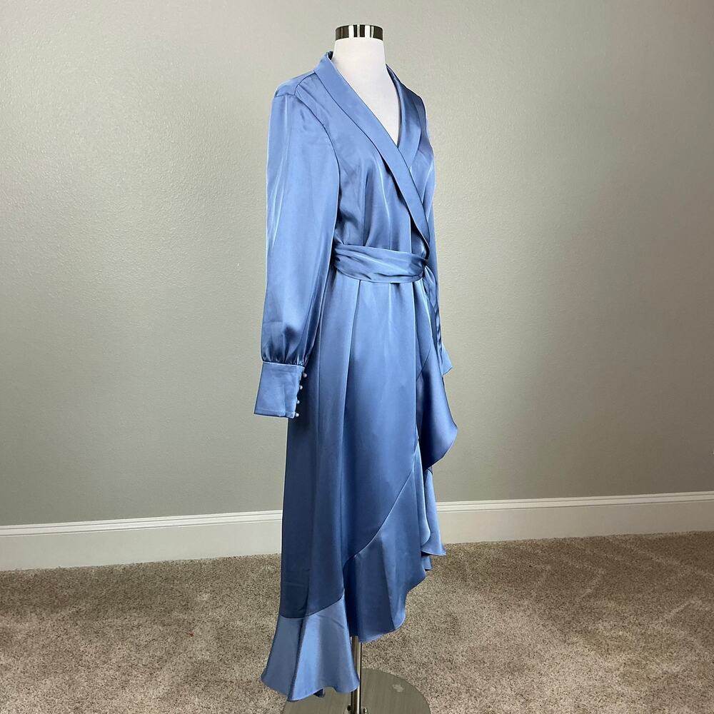 Mac Duggal 12506 Blue Wrap Cocktail Dress Satin Long Sleeve High Low Hem Size 8 - Picture 3 of 12